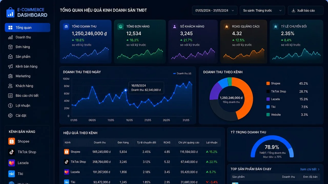 Dashboard báo cáo P&L bốn sàn thương mại điện tử